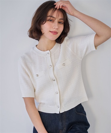 柄編みカーデライクニット(01オフホワイト-フリー)