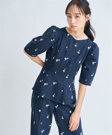 【Premium】フラワー刺繍ブラウス(70ネイビー-フリー)