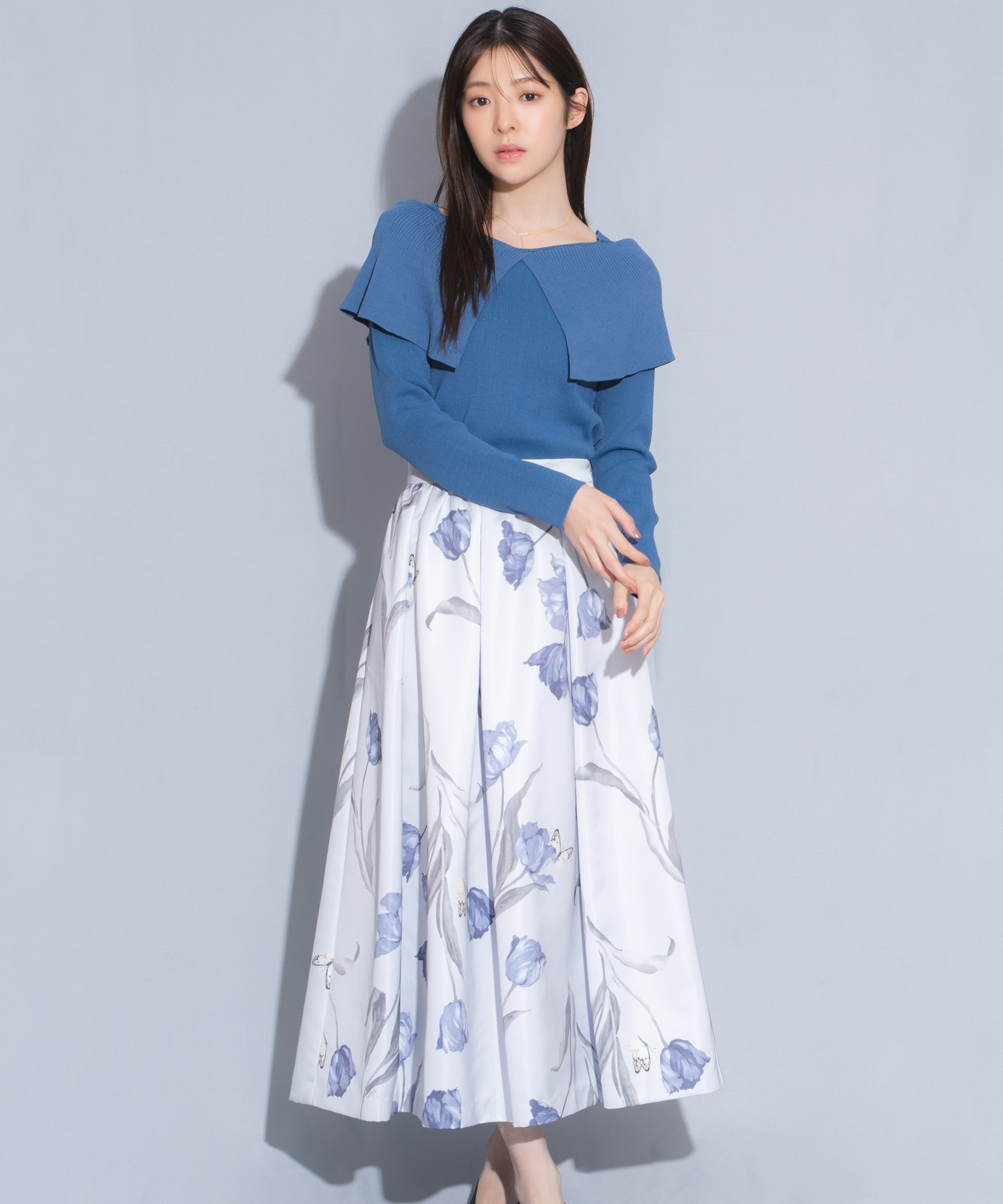 【予約】チューリッププリントフレアスカート(71ブルー-Ｓ-1月中旬ごろのお届け)