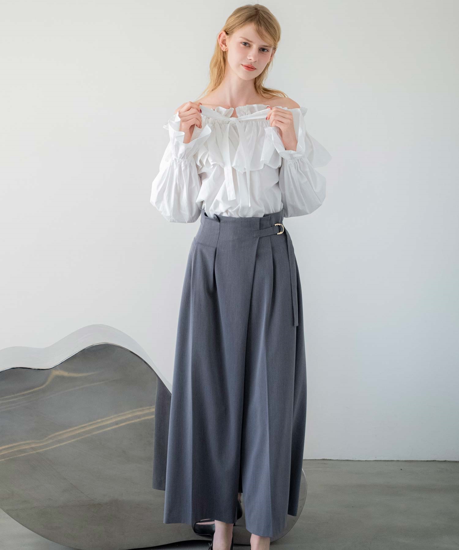 ウエストタックアシメデザインパンツ(11グレー-Ｓ)