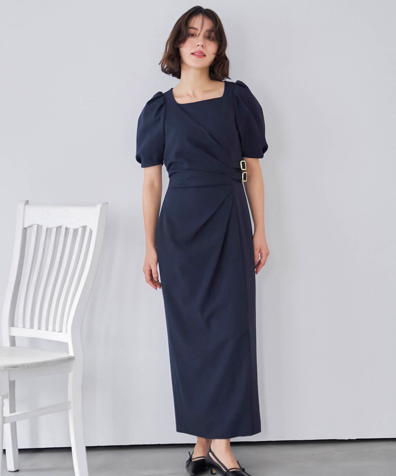 ダブルバックルドレープワンピース(70ネイビー-Ｓ)