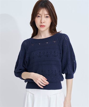 【予約】柄編みニットプルオーバー(70ネイビー-フリー-4月下旬ごろのお届け)
