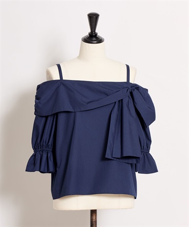 【予約】オフショルリボンブラウス(70ネイビー-フリー-4月下旬ごろのお届け)