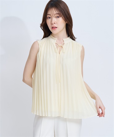 【予約】ノースリプリーツブラウス(51イエロー-フリー-4月下旬ごろのお届け)