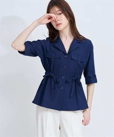 【予約】ウエストギャザーブラウス(70ネイビー-フリー-4月下旬ごろのお届け)