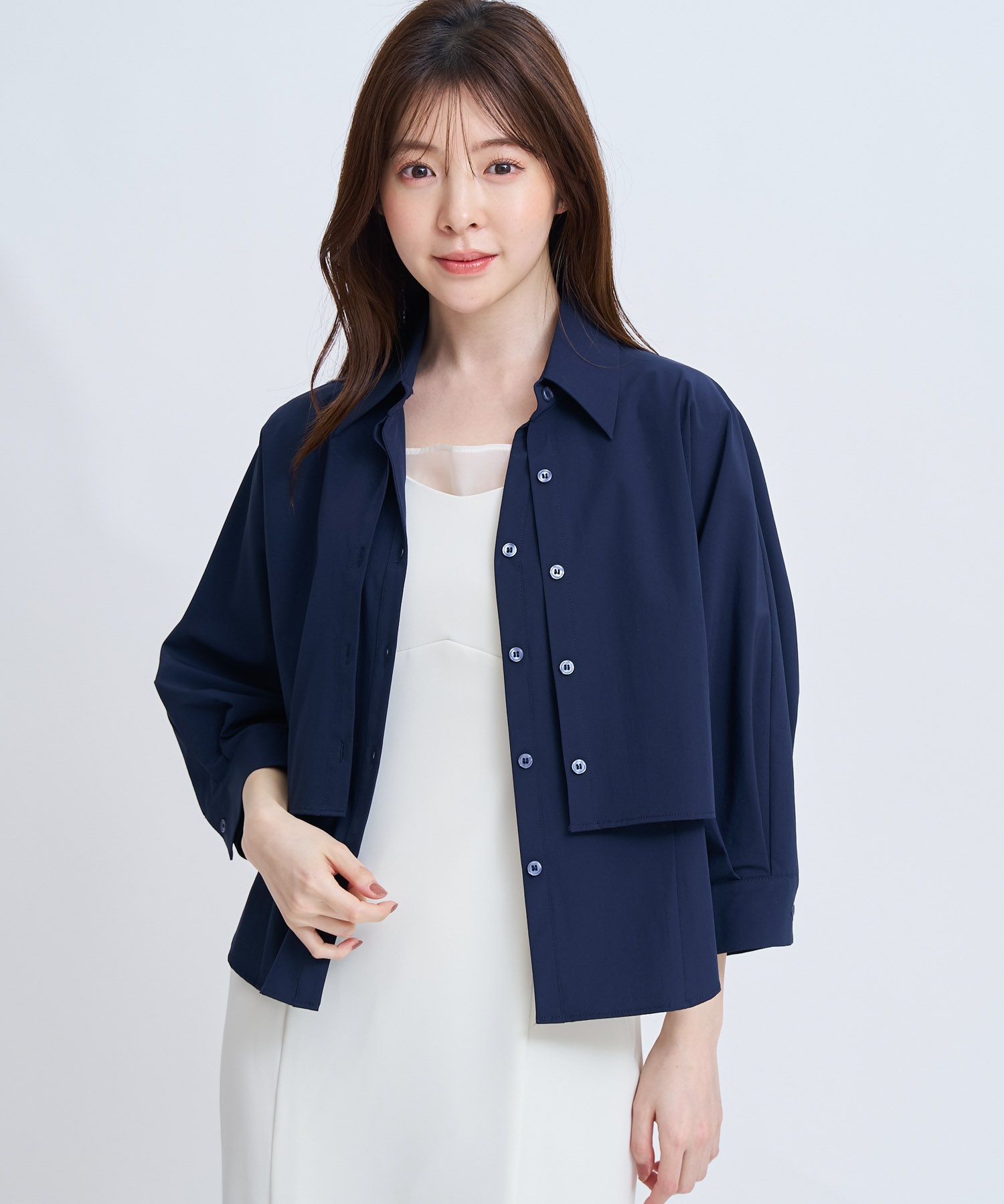 【予約】レイヤードライクシャツ(70ネイビー-フリー-4月下旬ごろのお届け)