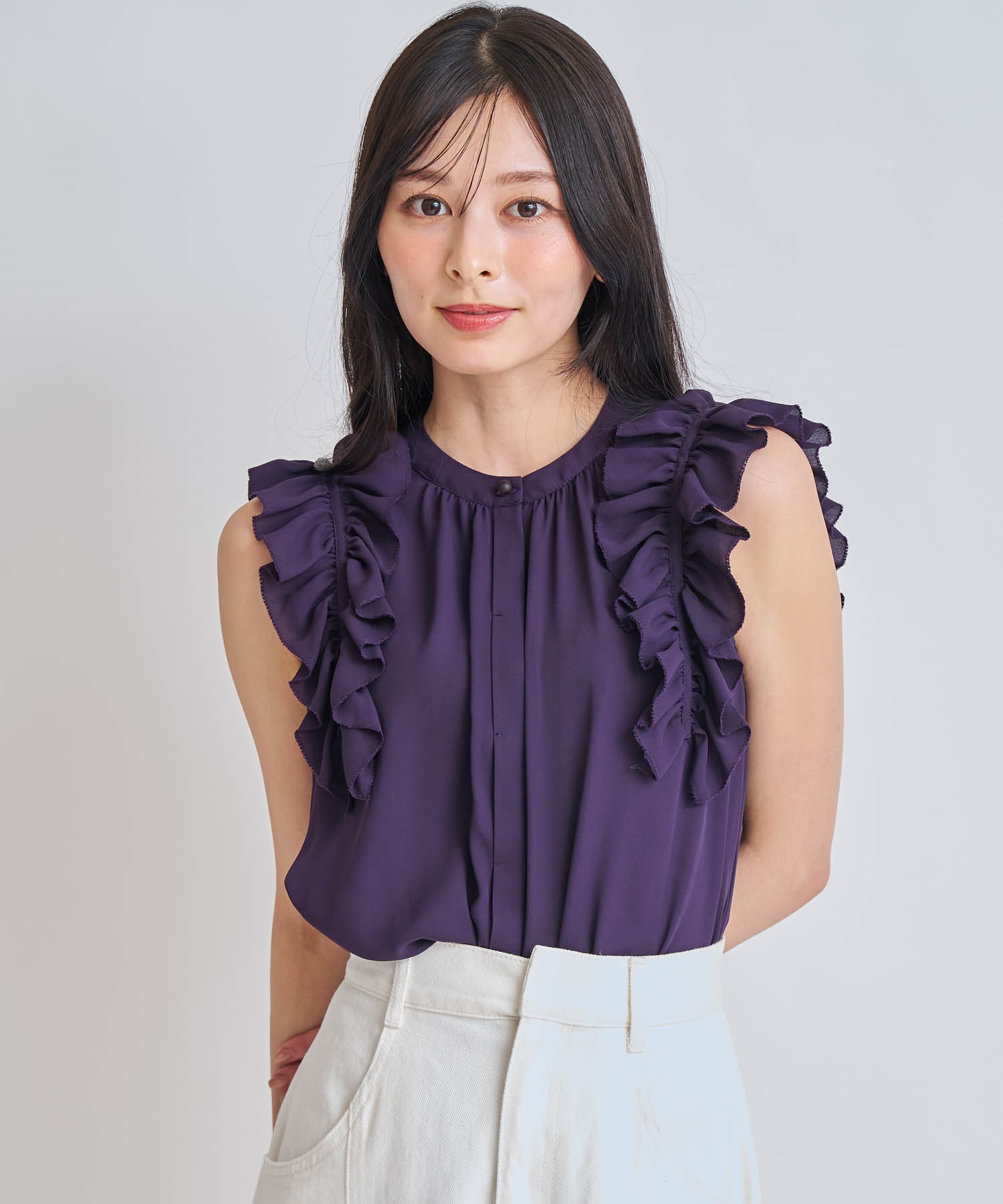 【予約】袖フリルノースリブラウス(20パープル-フリー-6月下旬ごろのお届け)